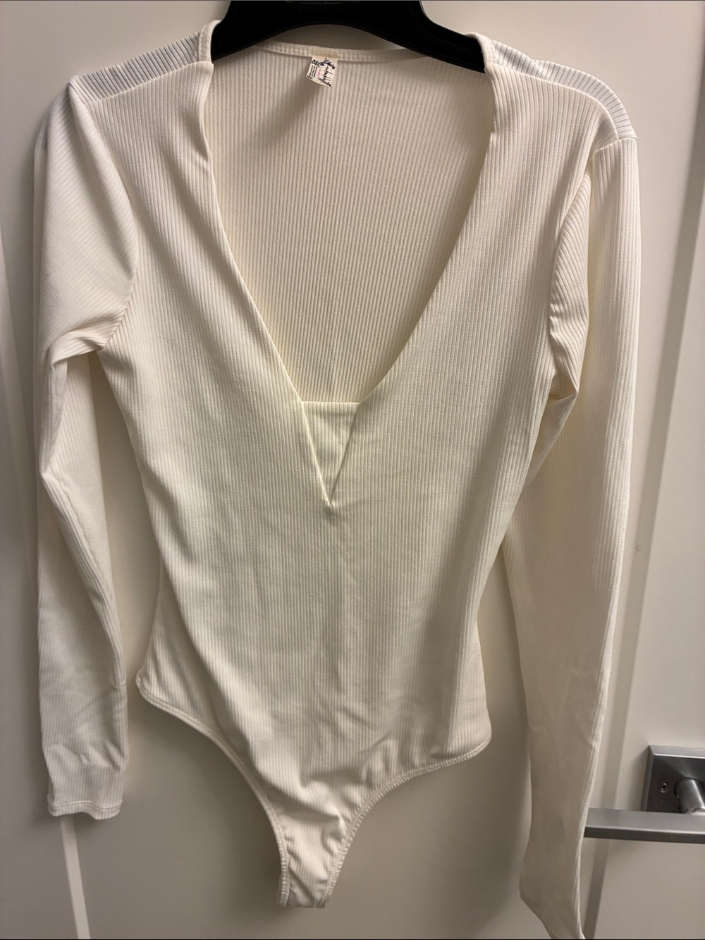 Free People Cream Ribbed V-Neck Long Sleeve Bodysuit